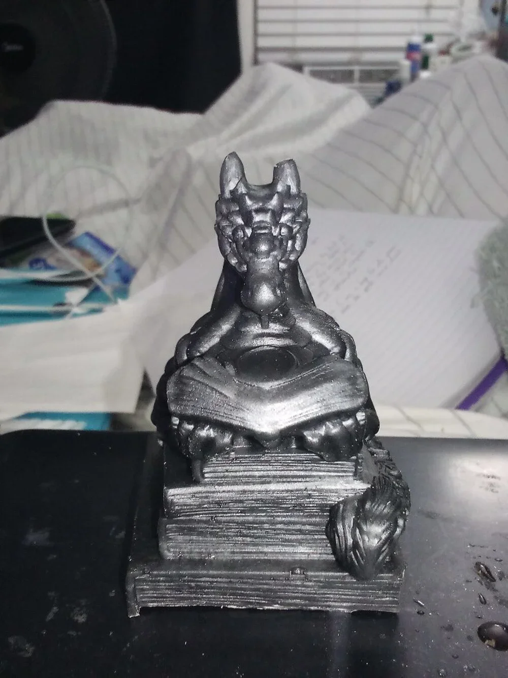 Handmade Black Reading Dragon Statue Bookend